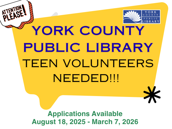 If you're a teen in grades 6-12, apply to be a teen volunteer at York County Public Library.